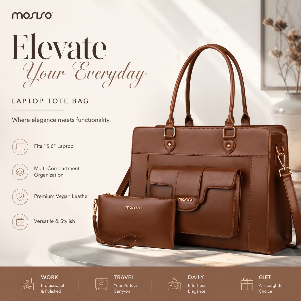 Leather Work Laptop Bag - Torba na laptopa MOSISO dla kobiet,